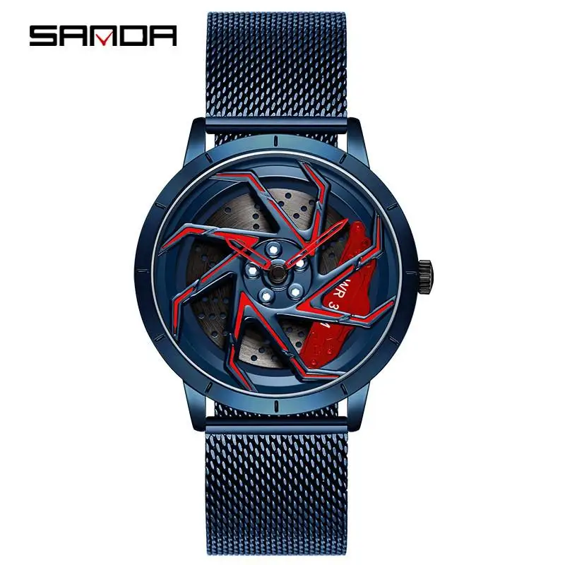 Sanda P1088 Hot Sell Stainless Steel Band Watch Premium Quartz Movement Car Rim Wheel Shaped Rotating Dial Relogio Masculino