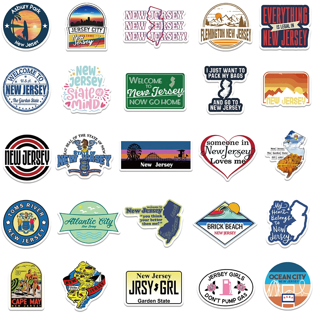 50PCS American New Jersey State Vinyl Waterproof Stickers Decals for Water Bottle Laptop Skateboard Scrapbook Luggage Kids Toy