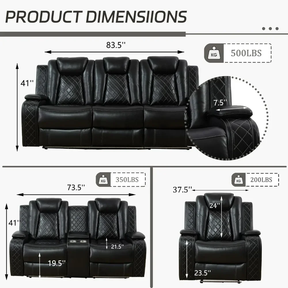 Leather Power Recliner Sofa Set, Living Room Sofas Set, Leather Sofa Set with USB Port Storage Console Cup Holder, Recliner