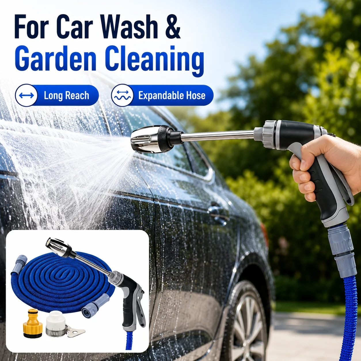 High Pressure Water Gun with 7.5m Expandable Garden Hose T8 Long Spray Nozzle Car Wash Watering Cleaning Tool