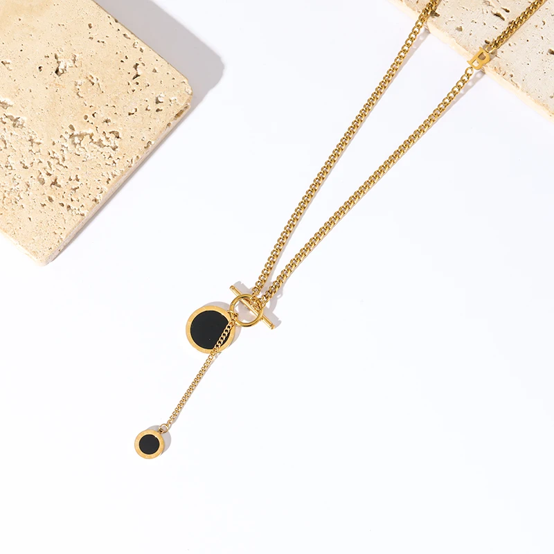 EILIECK 316L Stainless Steel Round Black Long Pendant Necklace For Women Fashion Waterproof Neck Chain Jewelry Gift Bijoux