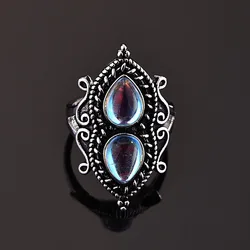 Vintage Ring for Women 925 Silver Jewelry with Water Drop Shape Moonstone Finger Rings Wedding Party Gift Accessories Size 6-9