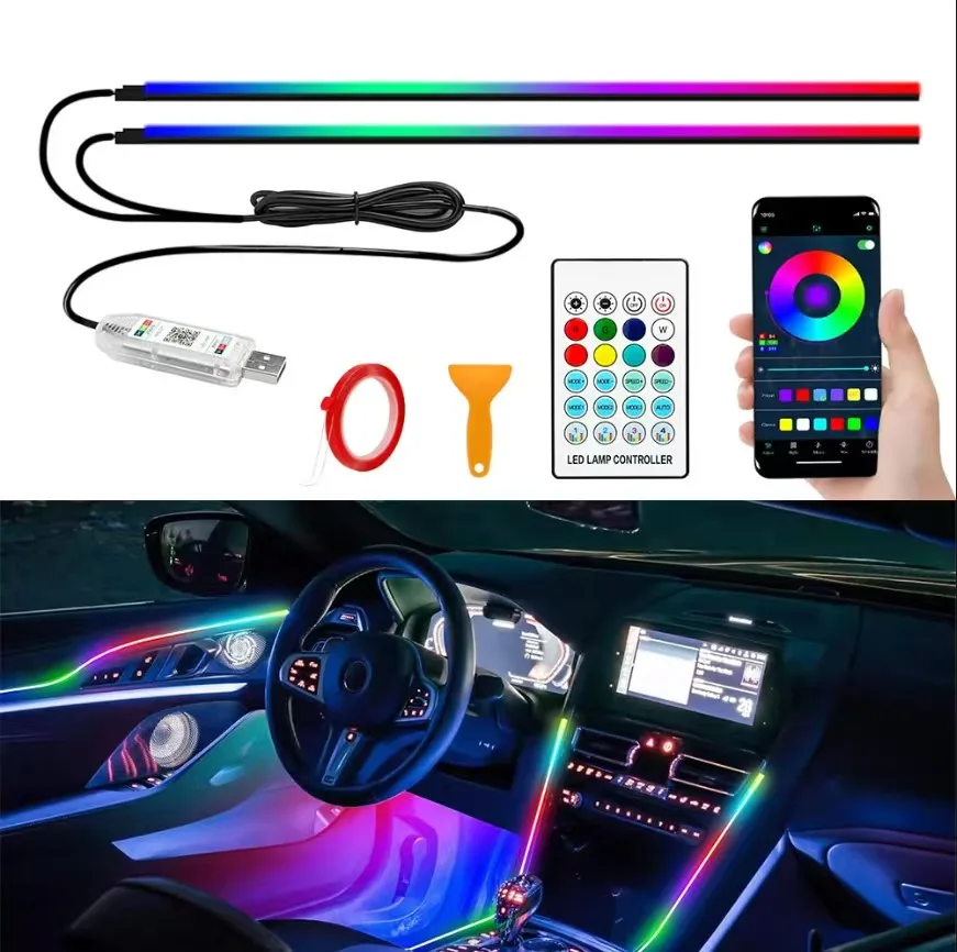 

Car Ambient Lights Universal LED Symphony RGB Atmosphere Lamp 64 Colors Acrylic Strip APP Control Remote for Tesla Model 3 Y S X