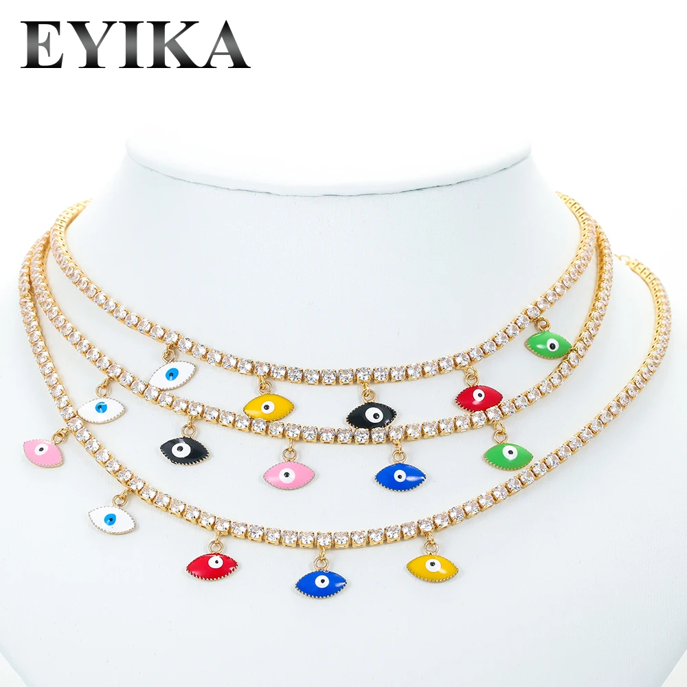 EYIKA Bohemian Luxury Colorful Enamel Evil Eye Multiple Pendant Necklace Zircon Gold Tennis Chain Women Statment Choker Jewelry