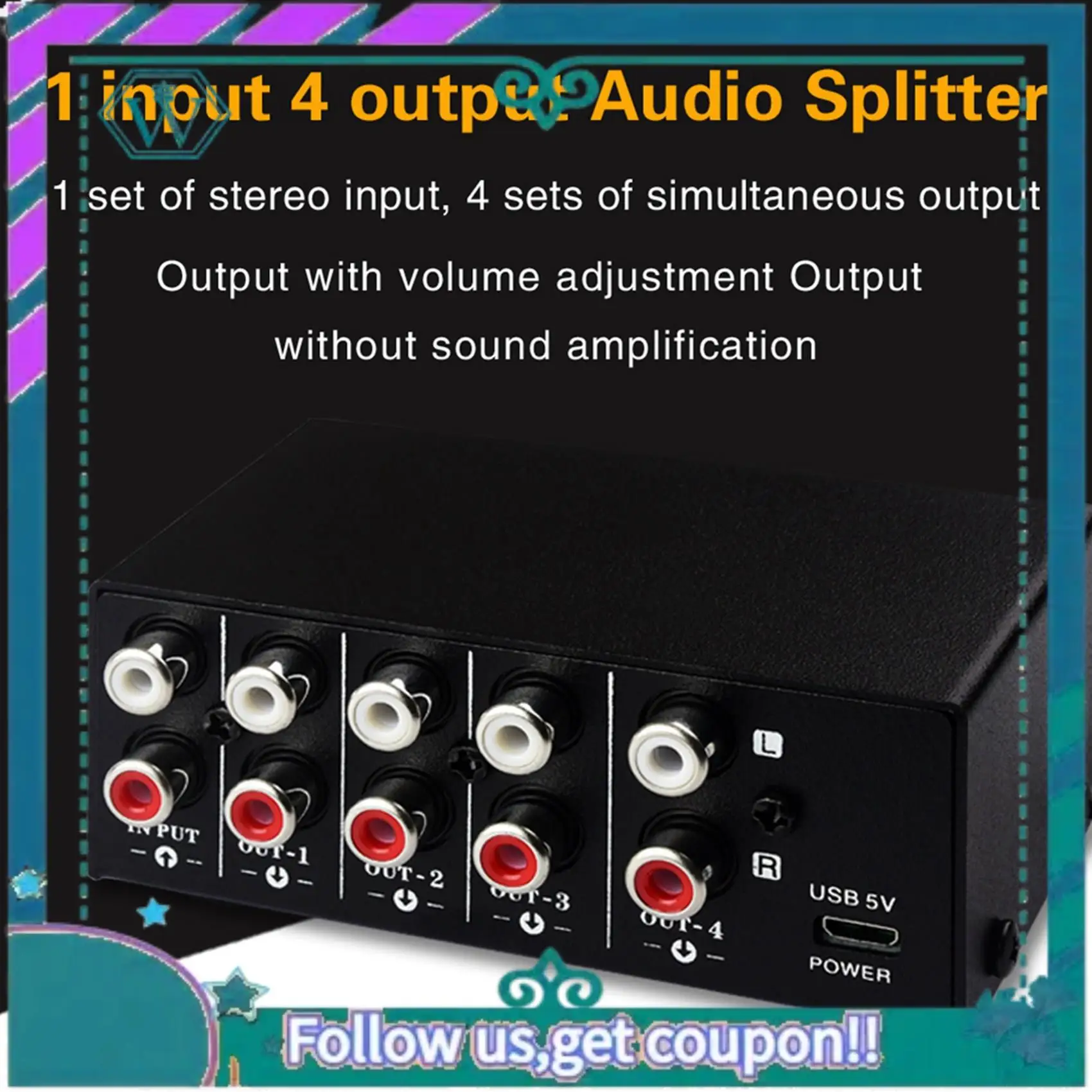 A75Q-2X 1 In 4 Out Stereo Source Splitter Audio Frequency Signal Distribute Device Non Consumption Output RCA Interface