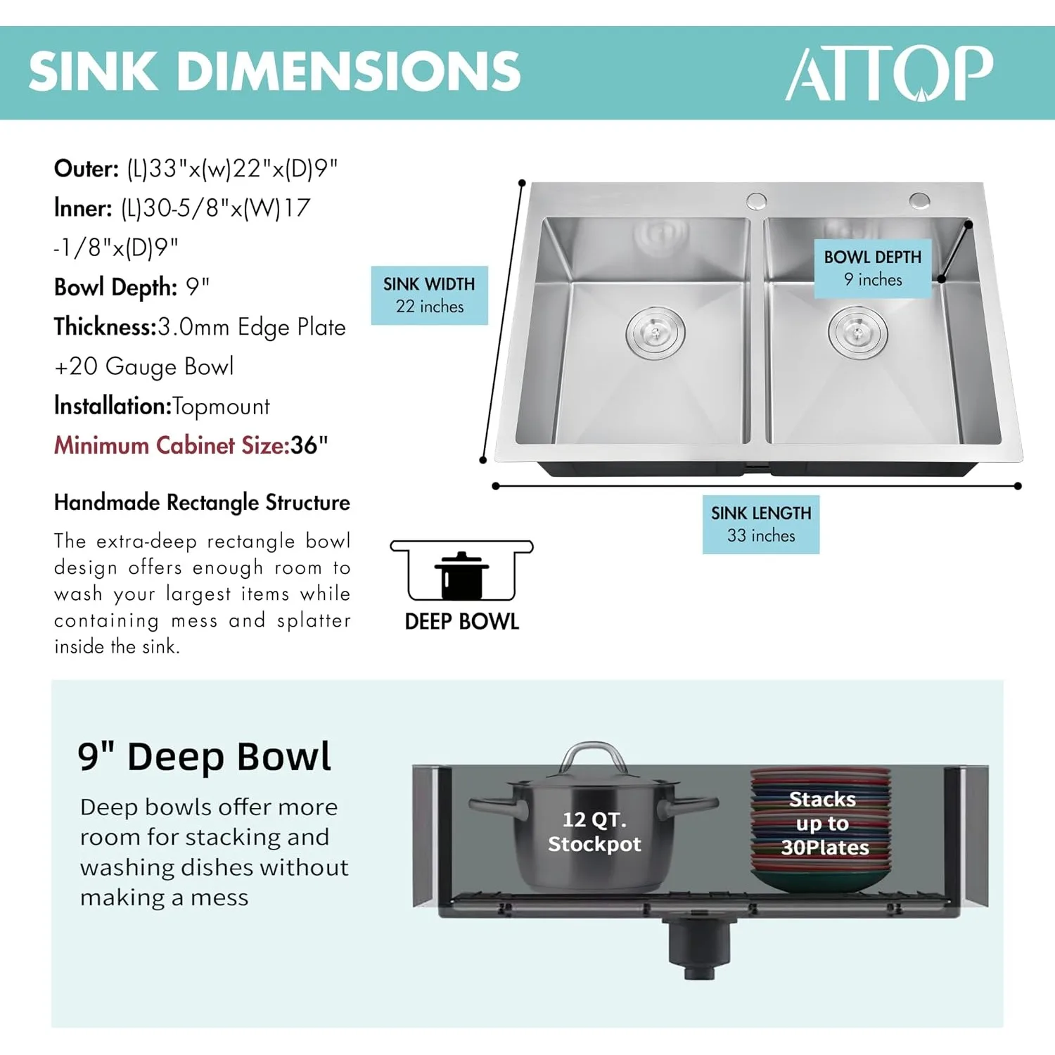 33 Inch Large Double Bowls Drop in Kitchen Sink, Customized
