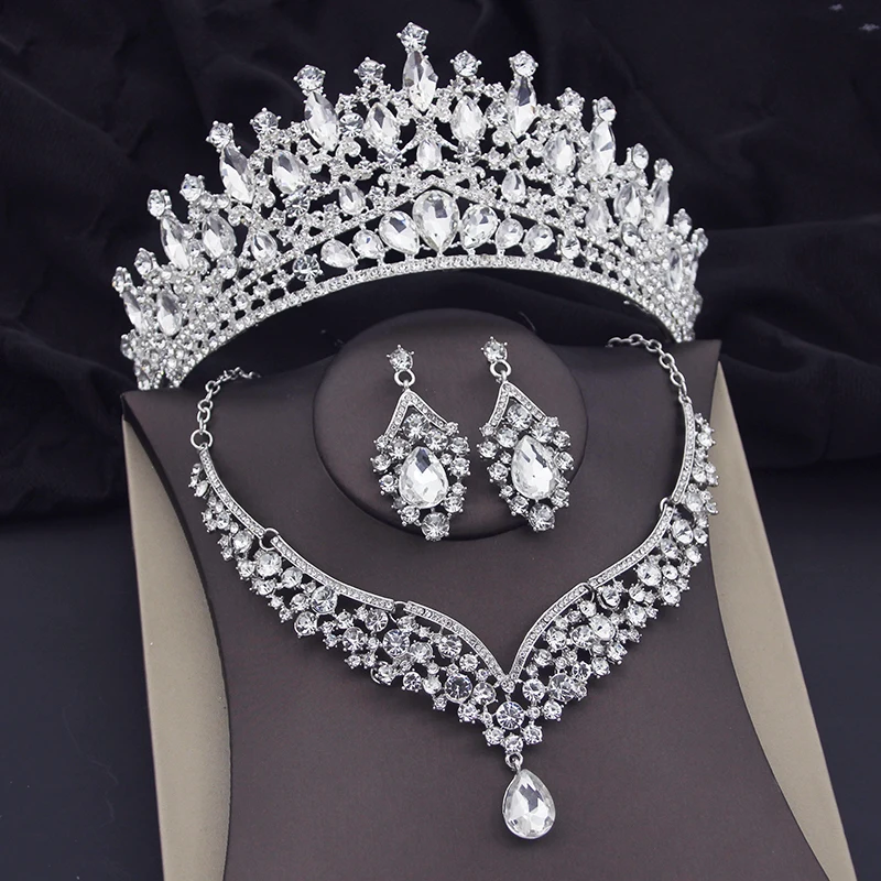 Green Crystal Crown Wedding Necklace Earring Sets Luxury Bridal Jewelry Sets for Women Prom Tiaras Bride Dubai Jewelry Sets