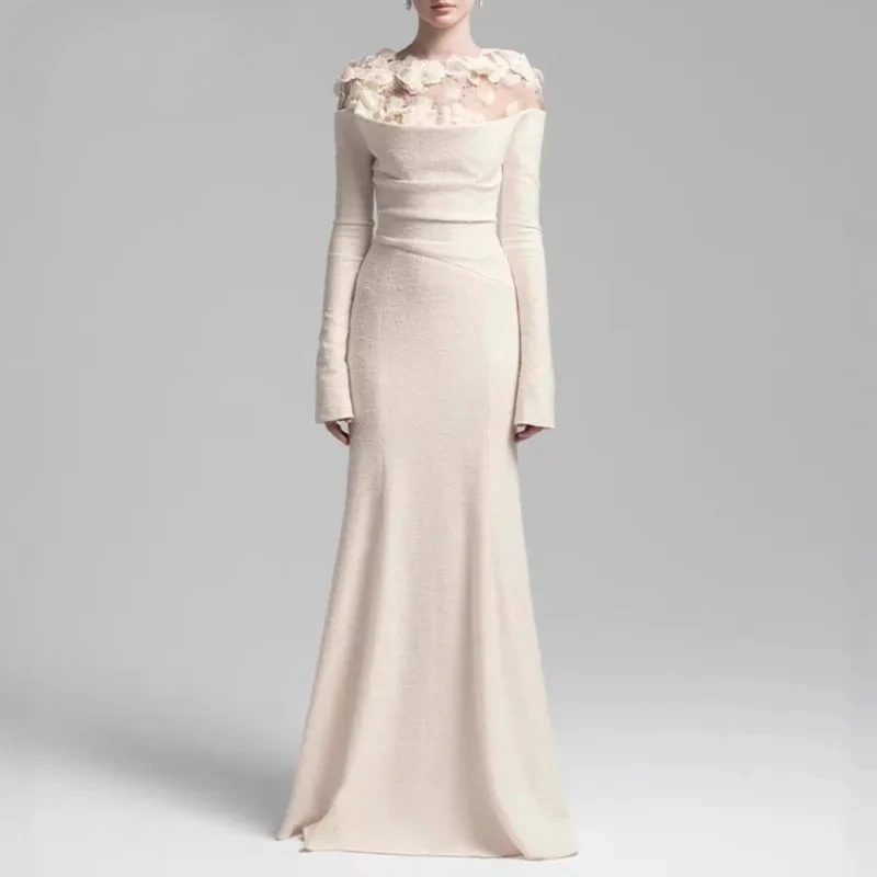 

QMQA Fashion Women's Light Luxury Floral Patchwork Textured Dress Elegant High Waist Evening Long Dresses 2025 Autumn New QM855