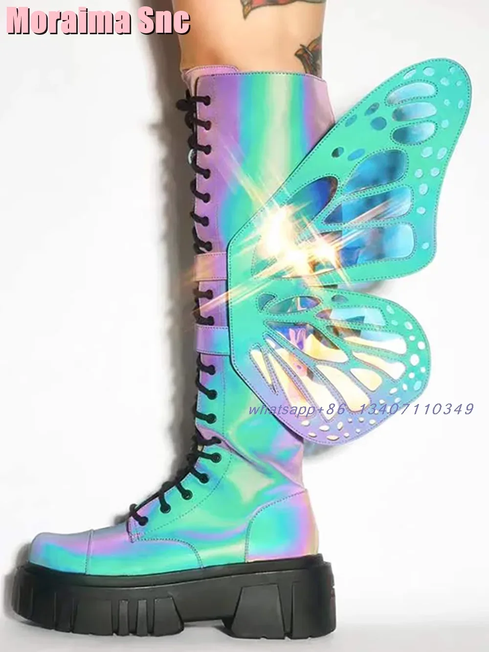 Butterfly Wings Decor Knee High Boots Lace-up Thick Bottom Round Toe Side Zipper Fashion Women's Modern Boots Autumn Winter 2026