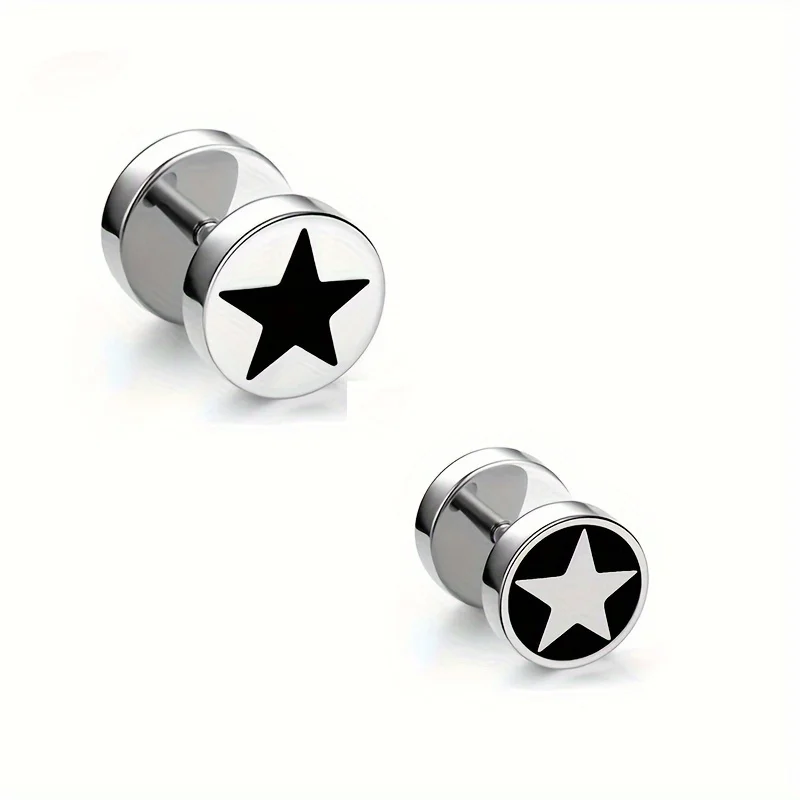 2pcs Unisex Fashion Street Cool Stainless Steel Star Round Dumbbell Stud Earrings for Men Women Daily Party Wear Jewelry 8mm