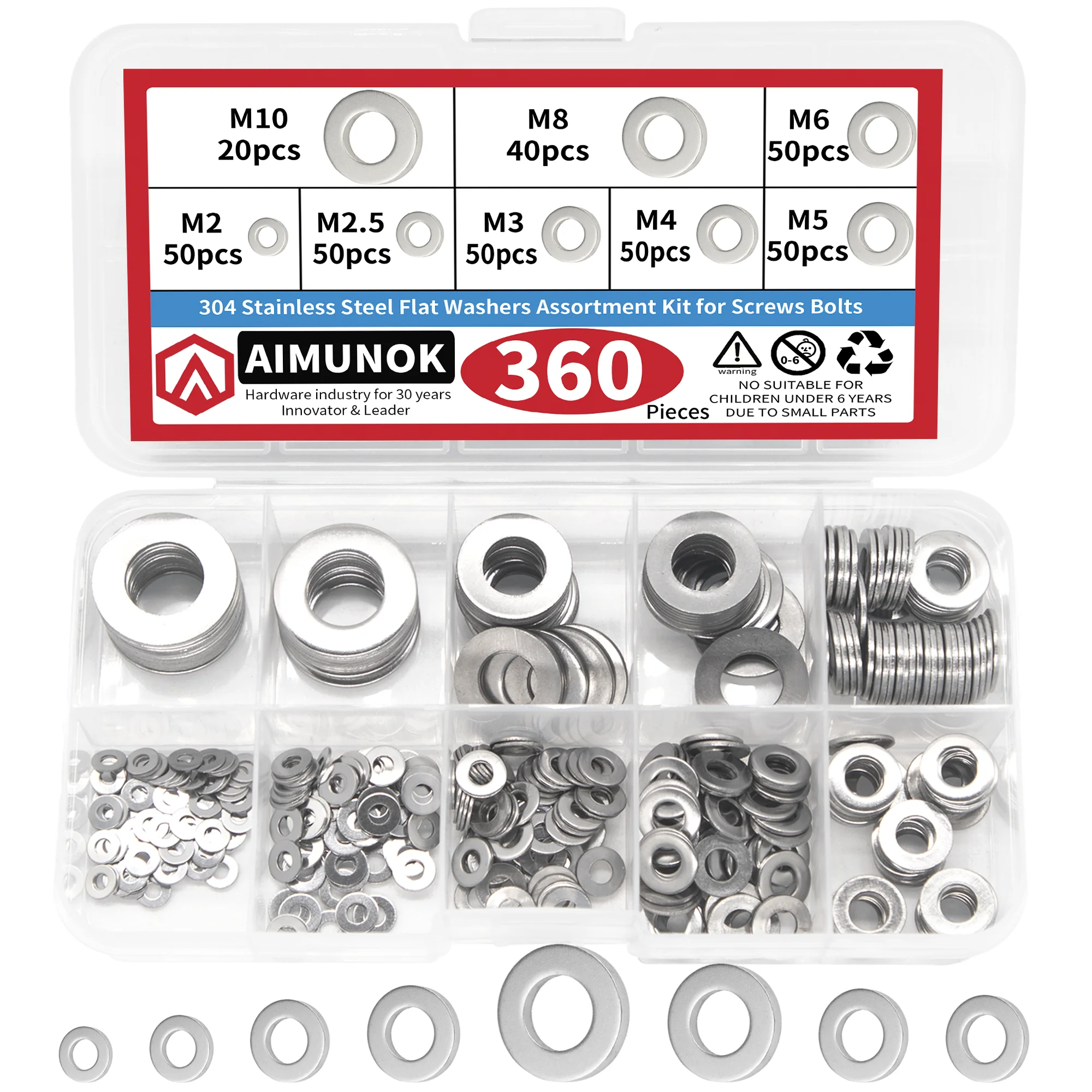 

AIMUNOK 360pcs 304 Stainless Steel Flat Washers Assortment Kit: Ideal for Various Screws and Bolts