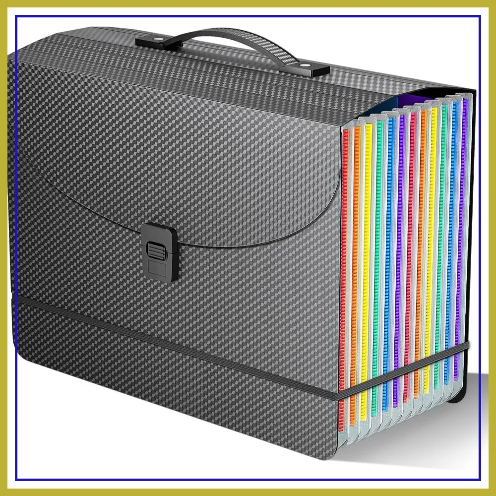 

Portable Accordion File Folder, 13 Pocket Expanding Organizer with Handle, A4/Letter Size, Colored Tabs, Black Diamond