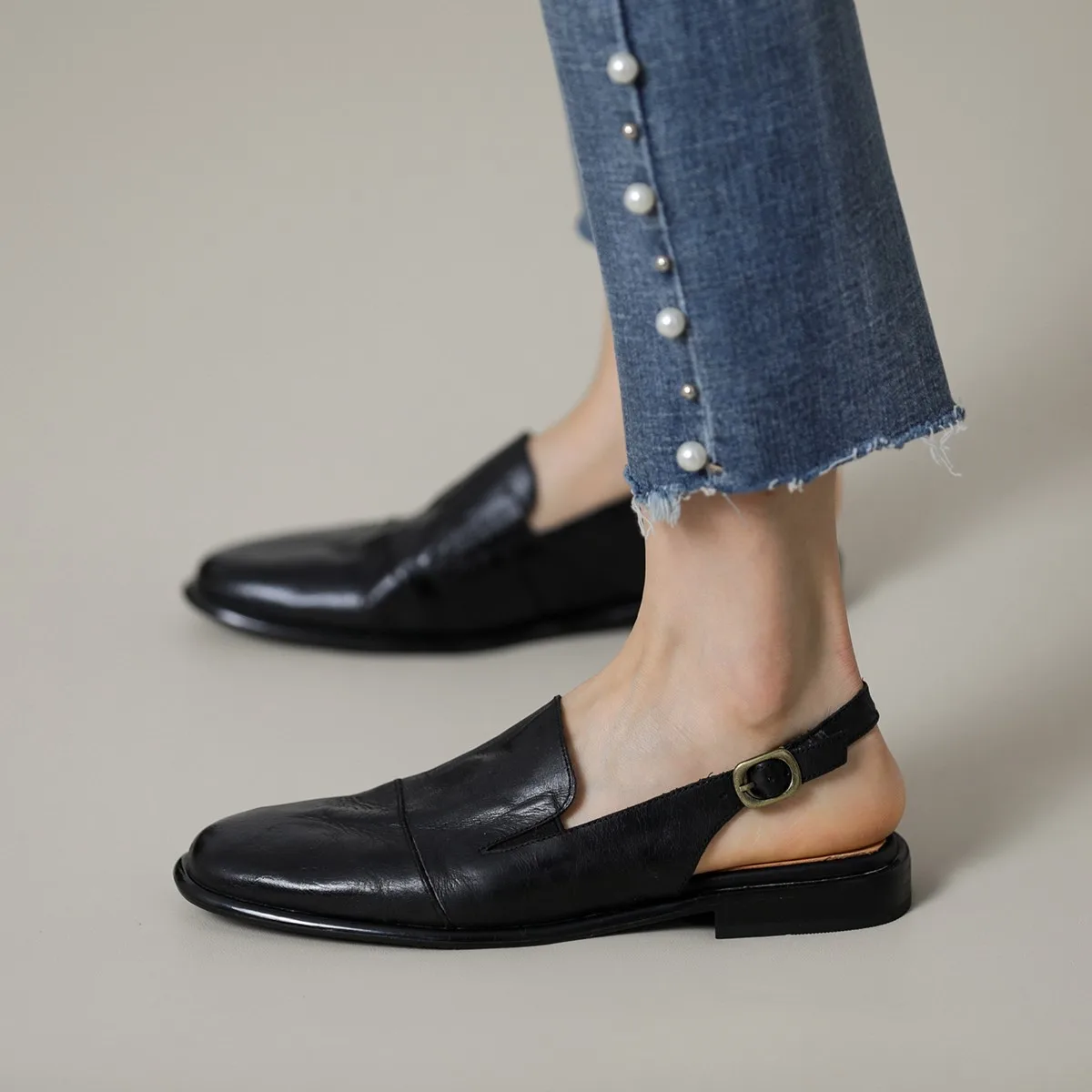 Woman Mules Genuine Leather Cowhide W Summer Shoes Ladies Muller Round Toe Spring Sandals With Buckle Comfort Simple Flats