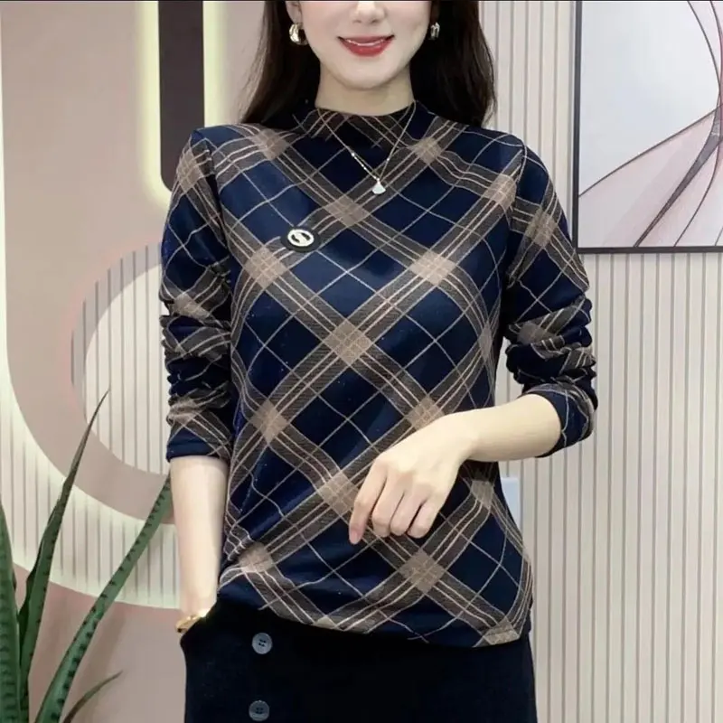 Fashion Vintage Argyle Printed Tops Autumn Winter Slim Chic Contrasting Colors All-match Half High Collar Long Sleeve Pullovers