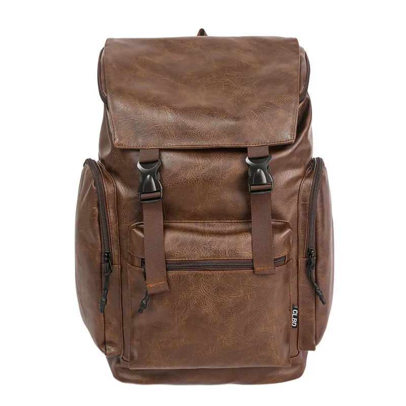 Cool Trendy Solid Color Men's Backpack Casual Large Capacity Multi-Pocket Backpack Personality Versatile Leather Shoulder Bag