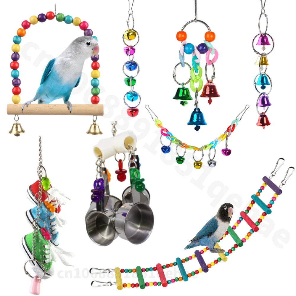 Bird Cage Toys for Parrots Wood Birds Swing Reliable Chewable Bite Bridge Wooden Beads Shape Parrot Toy Bird Accessories