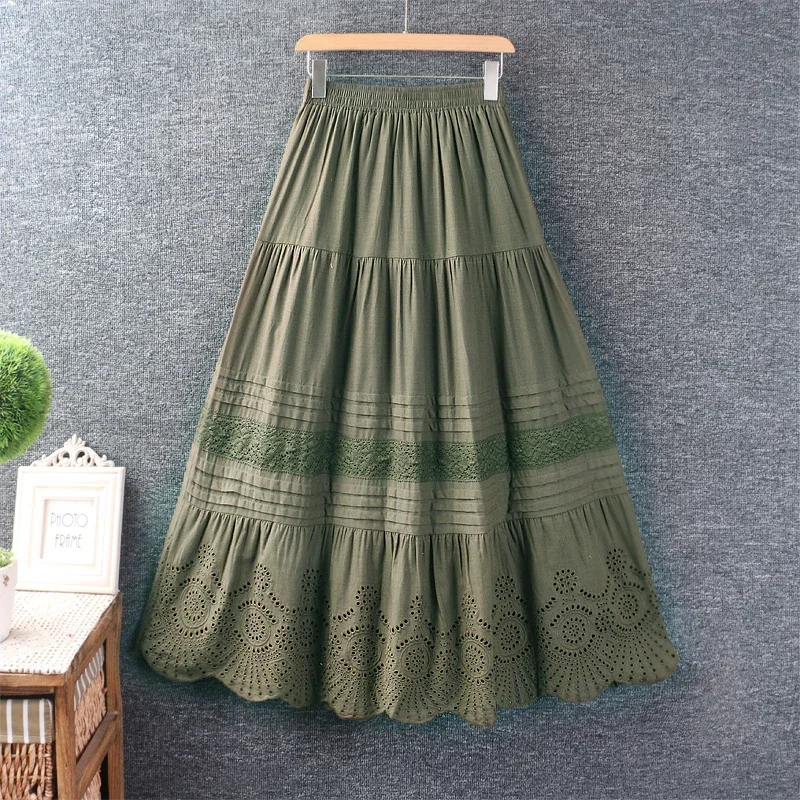 Japan Style Mori Girl Hollowed Out Embroidery Cotton Linen Skirt Women Elastic Waist Spring Autumn Casual Loose Vintage Skirts