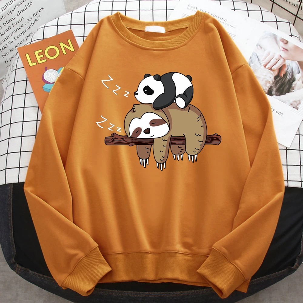 Simple Trend Woman Sweatshirts Panda Lying On A Sloth Printing Hoodies Comfortable All-Math Pullover Crewneck Loose Female Tops