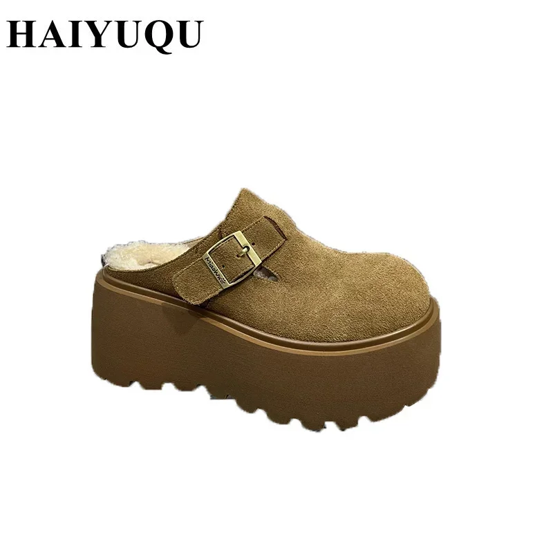 Platform High Heels Slippers Women Suede Mules Shoes Fur Warm Wedges Flip Flops New Snow Boots Fashion Zapatos Mujer