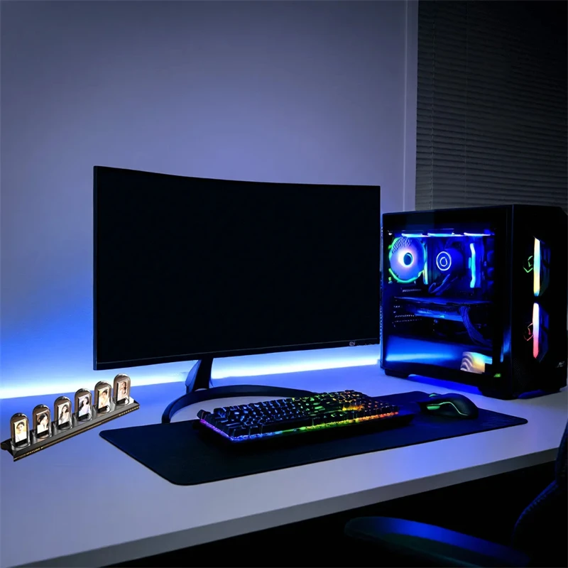 ساعة منبه أنبوبية RGB Nixie تعمل بمنفذ USB وشاشة IPS وتصميم بيضاوي من الألومنيوم الكهربائي مع منفذ شحن وإطار معدني #3