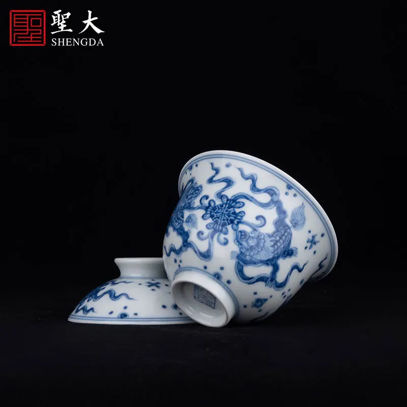 

|in the royal and ancient three tureen ceramic cups hand-painted silk blue lion no tea bowl of jingdezhen tea service