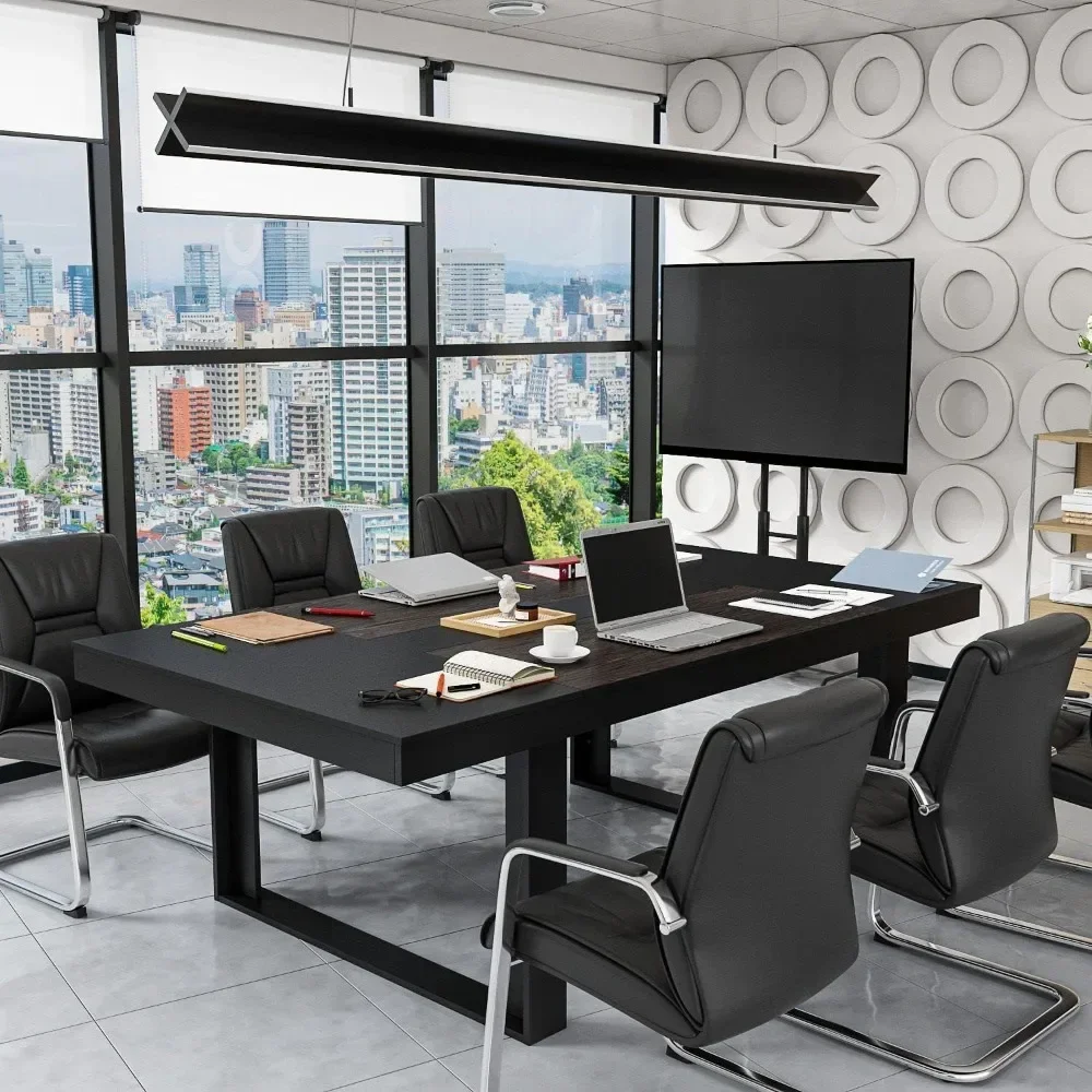 

7.2FT Conference Table Podcast , Black Metal Frame, Rectangular Office Meeting Table