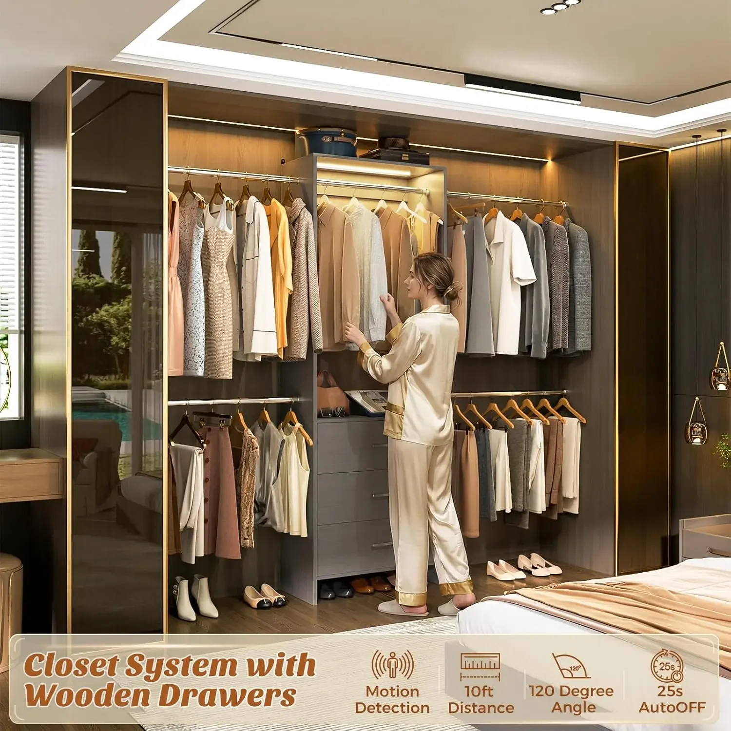 Wooden Drawers Hanging Rods Closet System Motion Sensing Light Led Closet Organizer Garment Rack Grey Bedroom