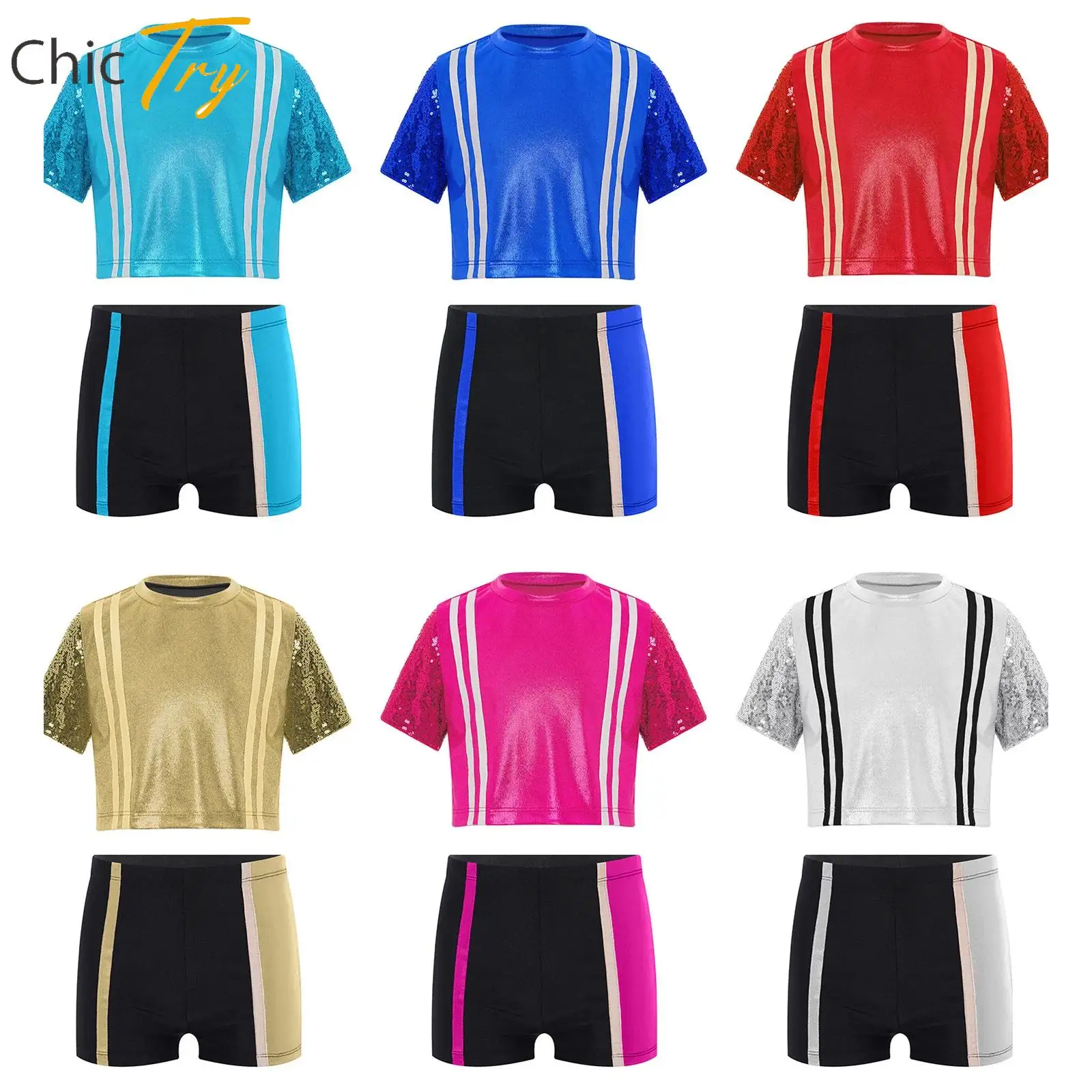 

Girls Hip Hop Jazz Dance Set Mock Neck Short Sleeve Metallic Crop Top with Elastic Waistband Shorts Sequined Street Dancewear