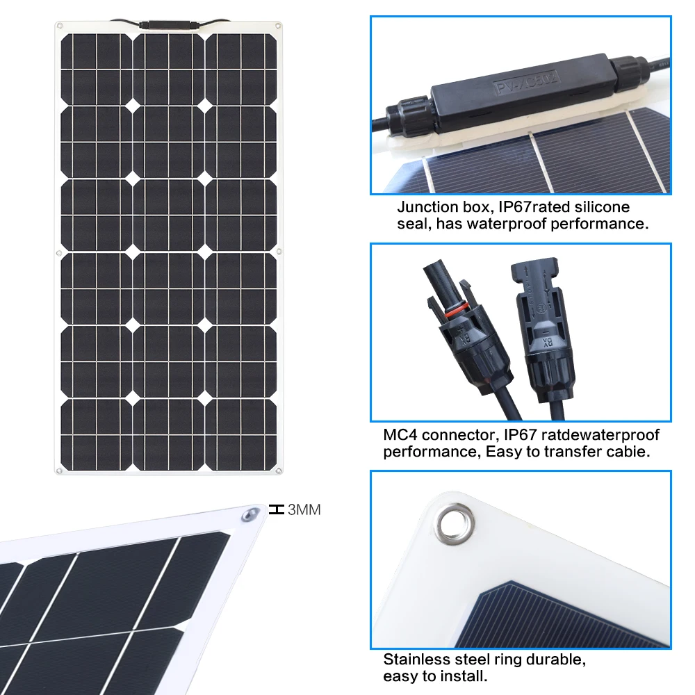 Elastyczny panel słoneczny 200w Zestaw paneli słonecznych Ogniwo fotowoltaiczne 2x 100W 12v 24v do kamperów, kamperów, samochodów dostawczych, łodzi