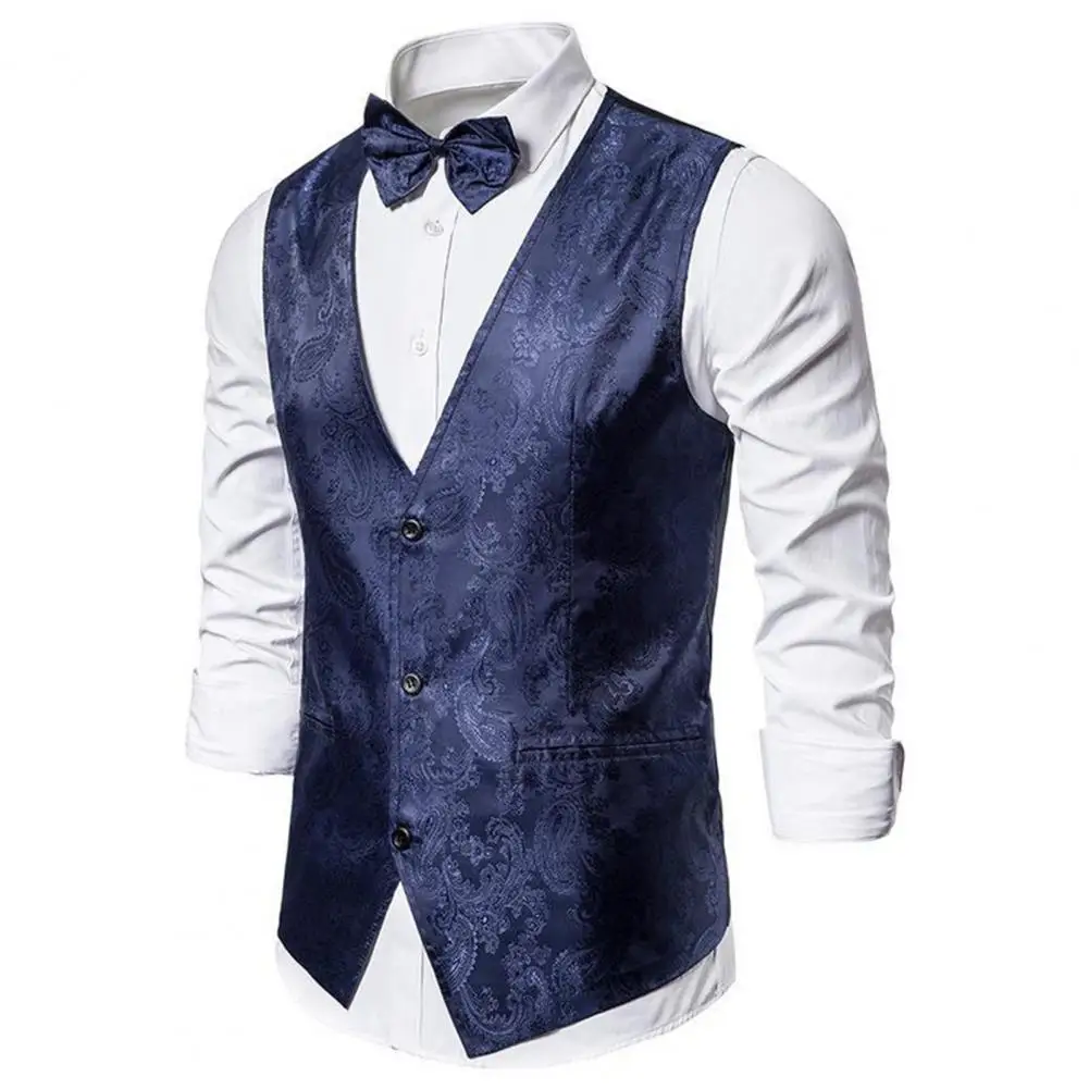 Colete de terno de show de palco masculino com gravata borboleta, colete de peito único, slim fit, formal, empresarial, decote em v, colete sem mangas