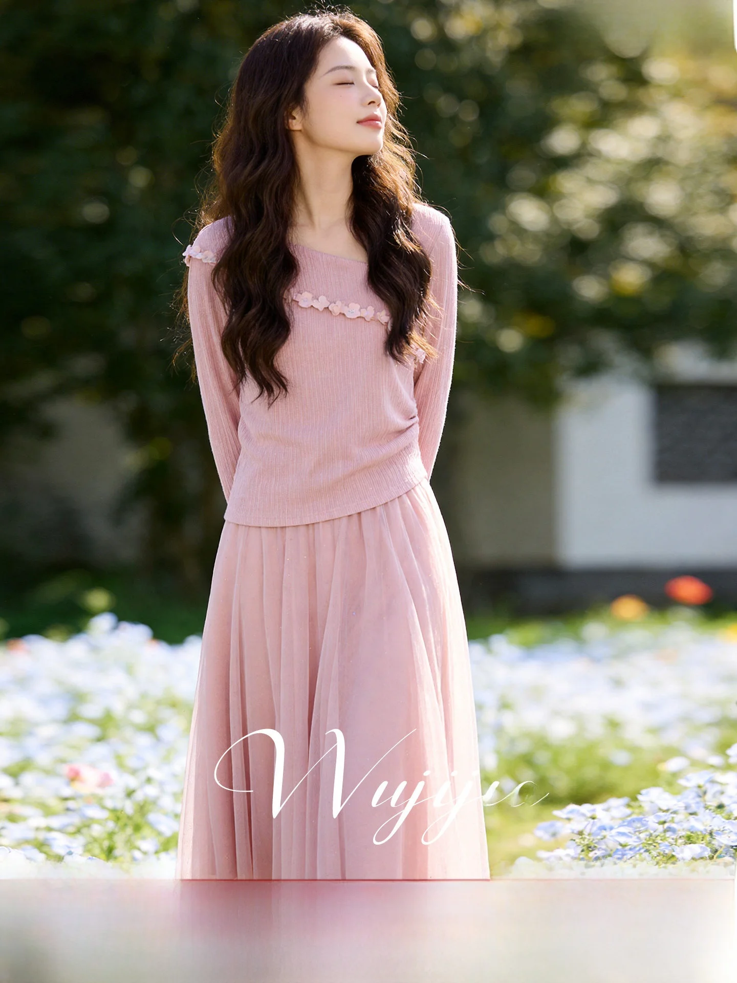 

Wuji Home Spring 2026 Women's Long Sleeve Asymmetrical Collar Mesh Skirt Fashion plus Size Set High Waist Polyester Nylon Spa...