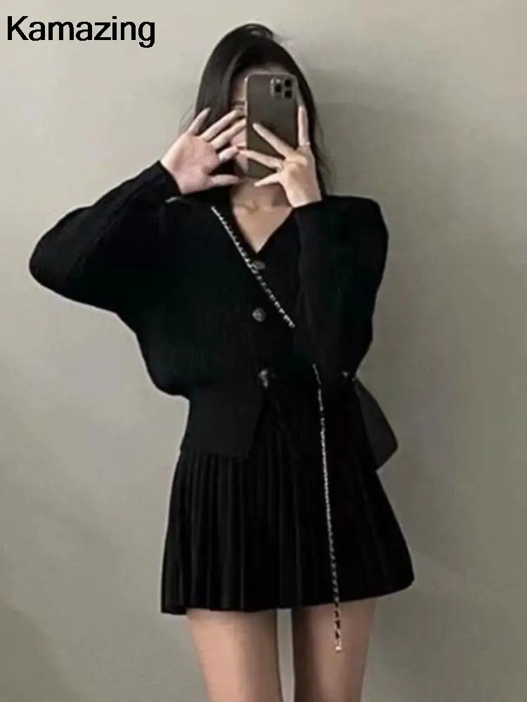 Korean Fashion Autumn Winter Women\'s Knitted Suits Single Breasted Cardigan High Waisted Mini Pleated Skirt Chic 2-piece Outfit