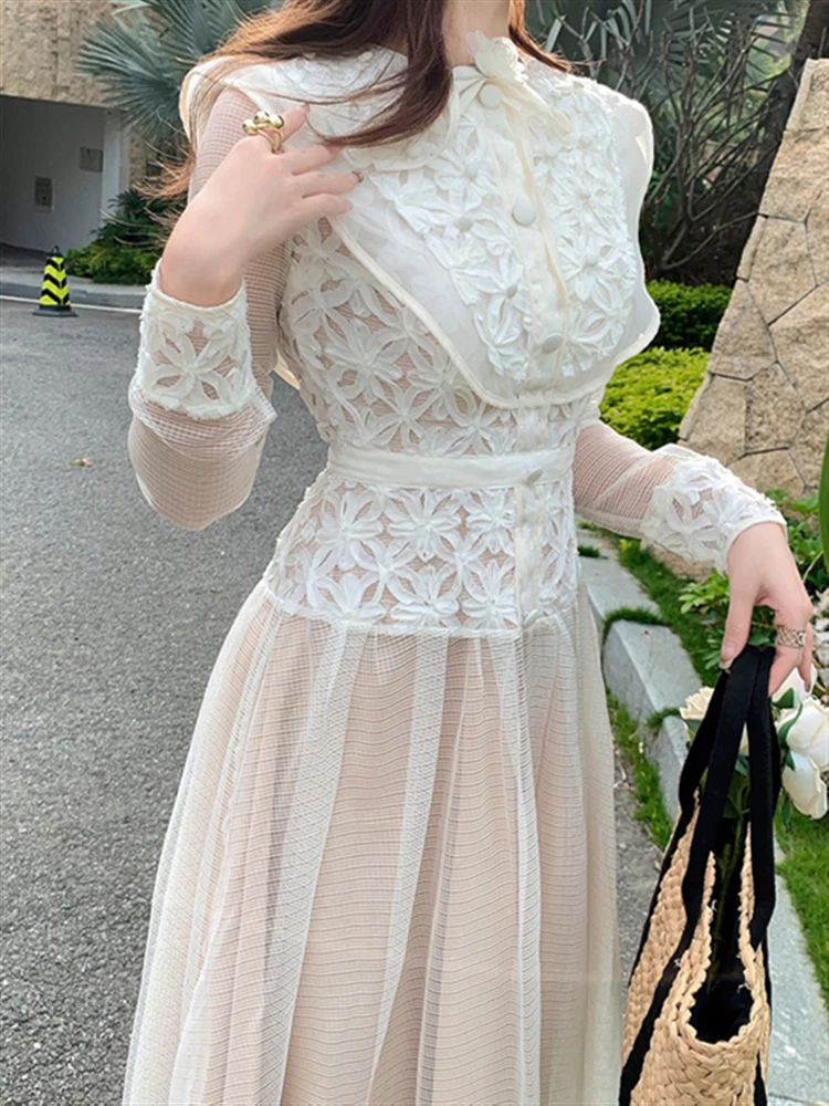 

Boho Woman Vintage Spring Luxury Long Sleeve Autumn Runway Elegant Dress 2023 Party High Waist Embroidery Dresses Women Lace