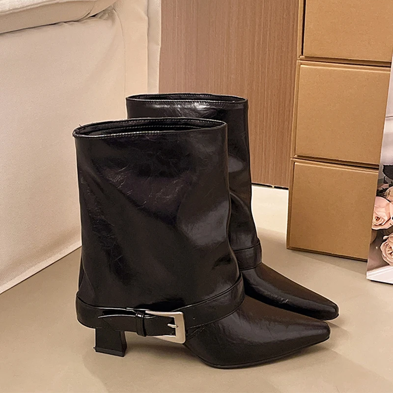 High Heels Women Ankle Boots Pointed Toe Shoes Winter Designer Short Boots 2026 Luxury Buckle Leather Shoes Chunky Mujer Botas