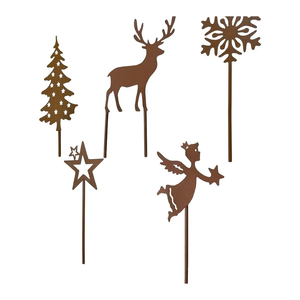 5Pcs Christmas Tree Elk Snowflake Garden Stakes Rust Decorative Garden Decoration Outdoor Set Christmas Decorations