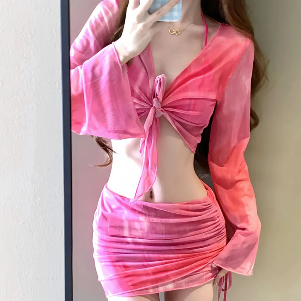 Tie Dye Bikini Set Mesh Long Sleeve Pleated Skirt Swimsuit Set Drawstring Mini Skirt Side Ruched Swimwear Set Summer Wear