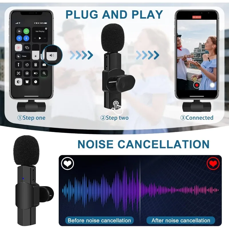Micrófono de solapa inalámbrico para iPhone, iPad, grabación, transmisiones en vivo, YouTube, Facebook, reducción de ruido, sincronización automática 5