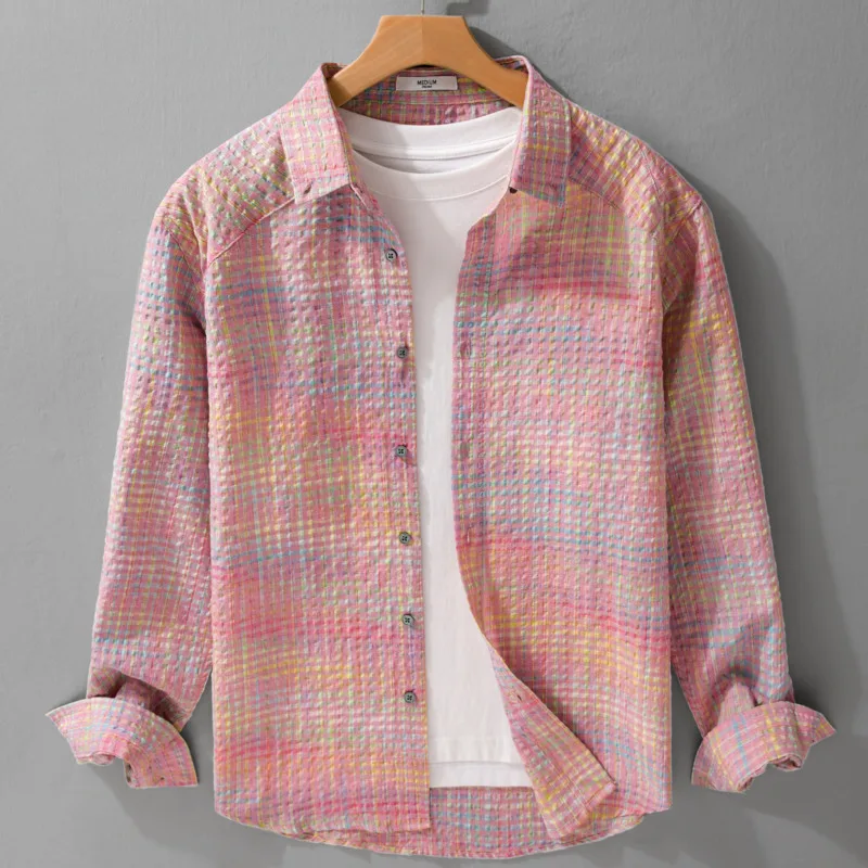 

2025 Мужская весенне-осенняя рубашка с длинными рукавами и силуэтом креста, японская модная универсальная свободная клетчатая рубашка из пенопластовой пряжи