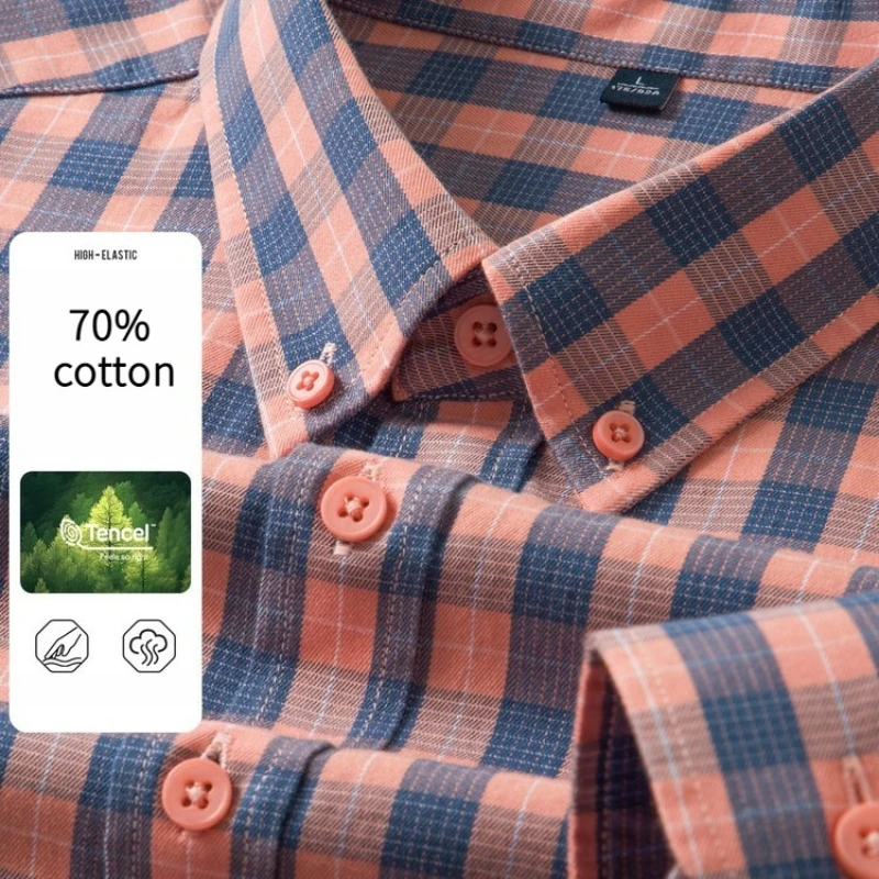 Cotton Lyocell Blend, Soft Breathable & Wrinkle-Resistant, Casual Long Sleeve for Summer Travel Button-Down Plaid Shirt