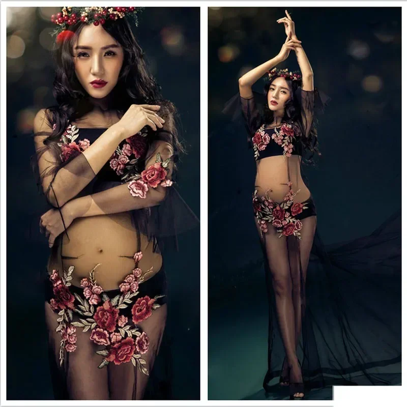 Vestidos de maternidad con bordado de flores para sesión de fotos, accesorios de fotografía para mujeres embarazadas, gasa