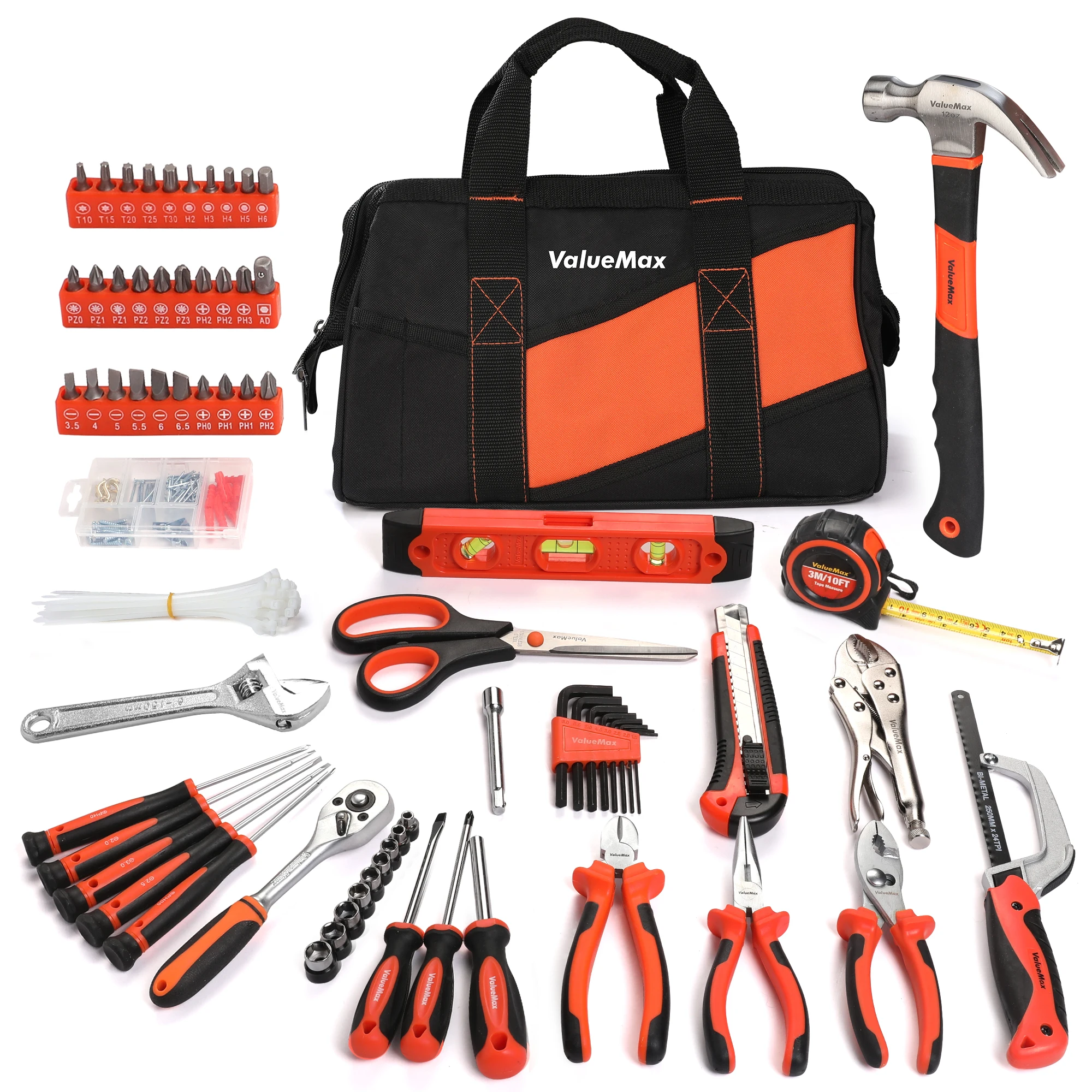 ValueMax Home Tool Set, 218-Piece Basic Household Repairing Tool Kit with 13-Inch Large Opening Tool Bag, Orange General Hand To