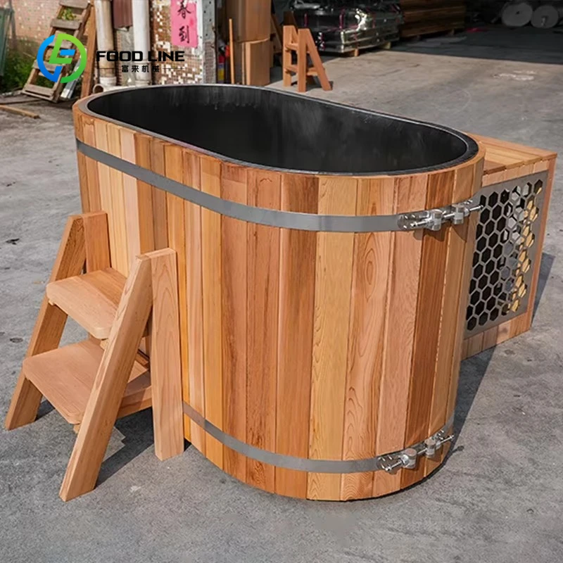 Customized WIFI Ozone Chiller Combined Cedar Barrel Ice Bath Spa Tub Red Wood Cold Plunge Tank for Athlete Muscle Recovery