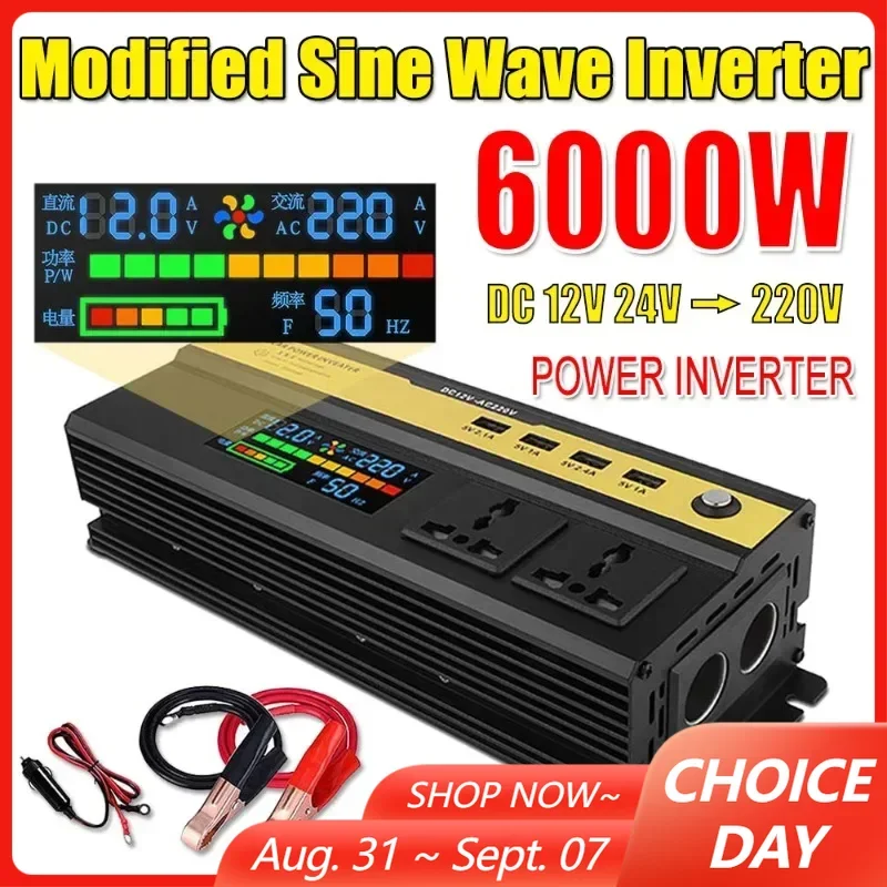 Modified Sine Wave Inverter 6000/5000/4000/3000W Voltage Transformer Converter LCD Digital Display Solar Inverter DC 12V TO 220V