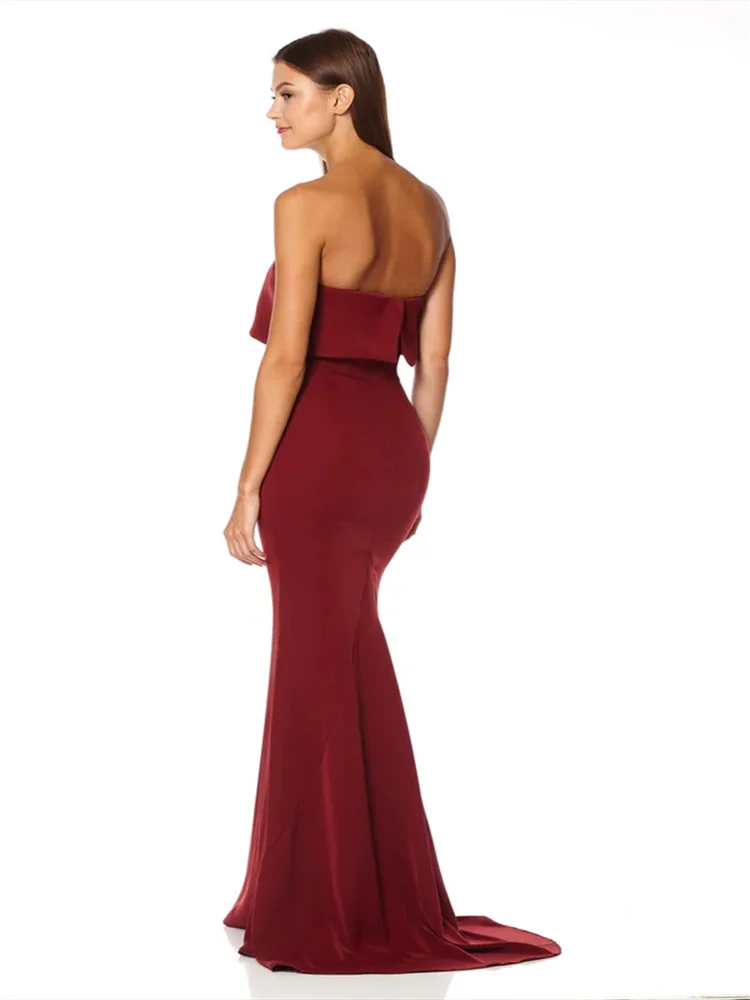 New Arrival Strapless Neckline Satin Mermaid Evening Dress Open Back Zipper Floor Length High Slit Fishtail Train Gown For Women