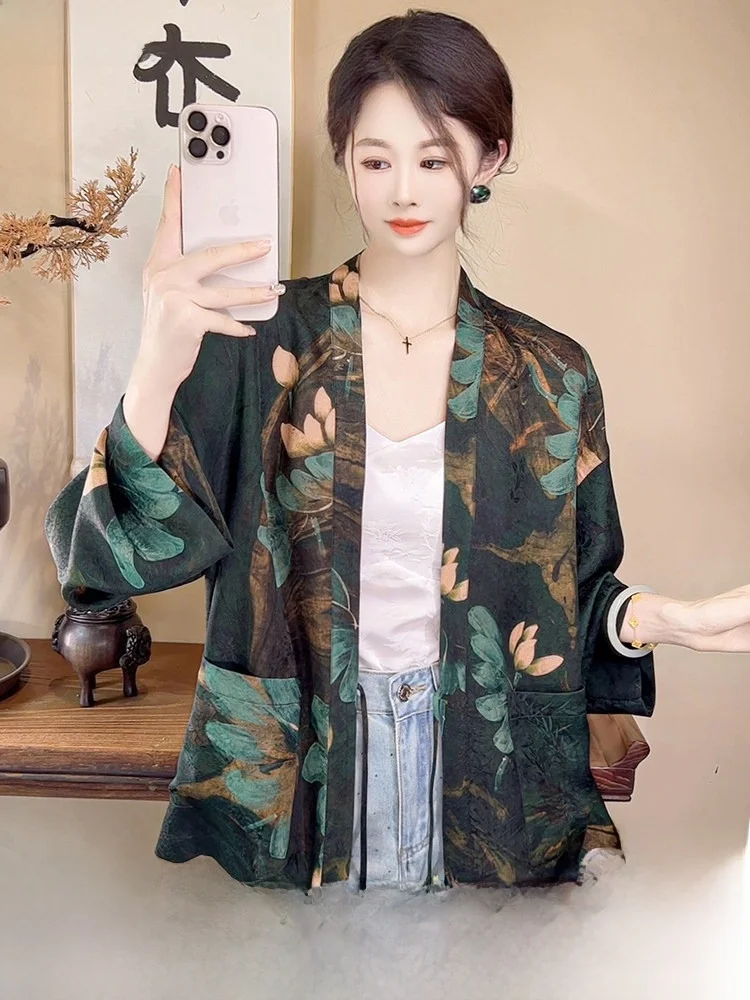 

New Chinese Style Women's Silk Jacket Set Early Spring Open Cardigan Fragrant Cloud Silk Long Sleeve V-neck Breathable Outerwear