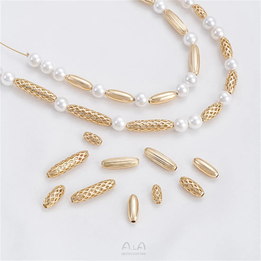 14K Gold Retro Hollow Oval Long Beads Handmade Earrings Diy Bracelet Necklace Accessories C373