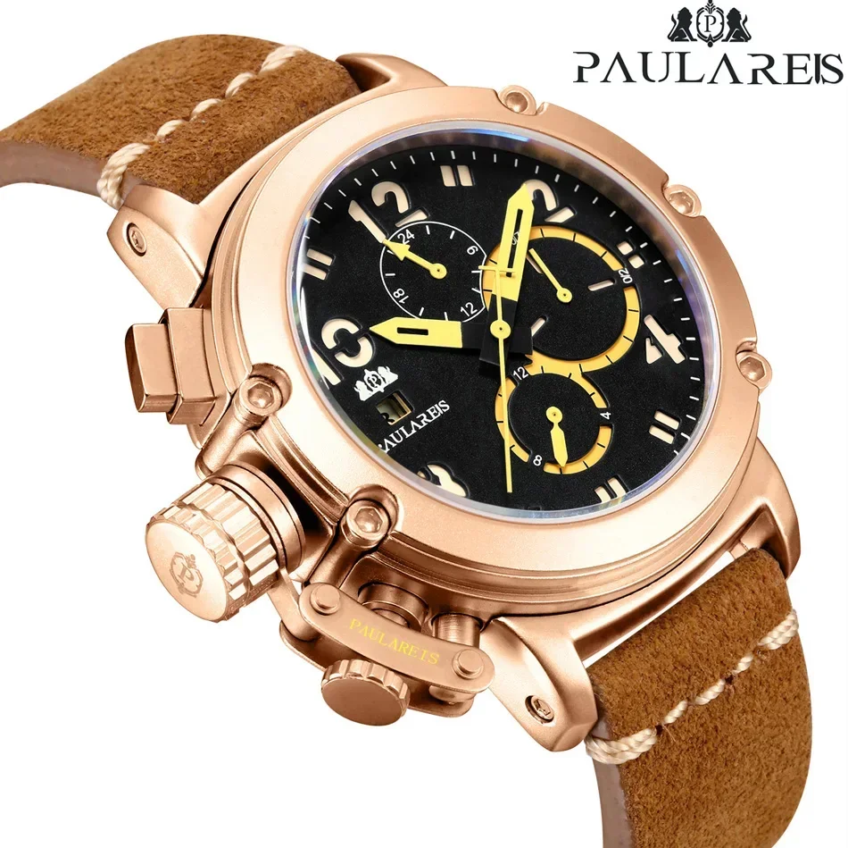 Automatic Watch for Men Mechanical Genuine Brown Leather Multifunction Date Boat Month Rose Gold Bronze U Reloj Hombre Baratos