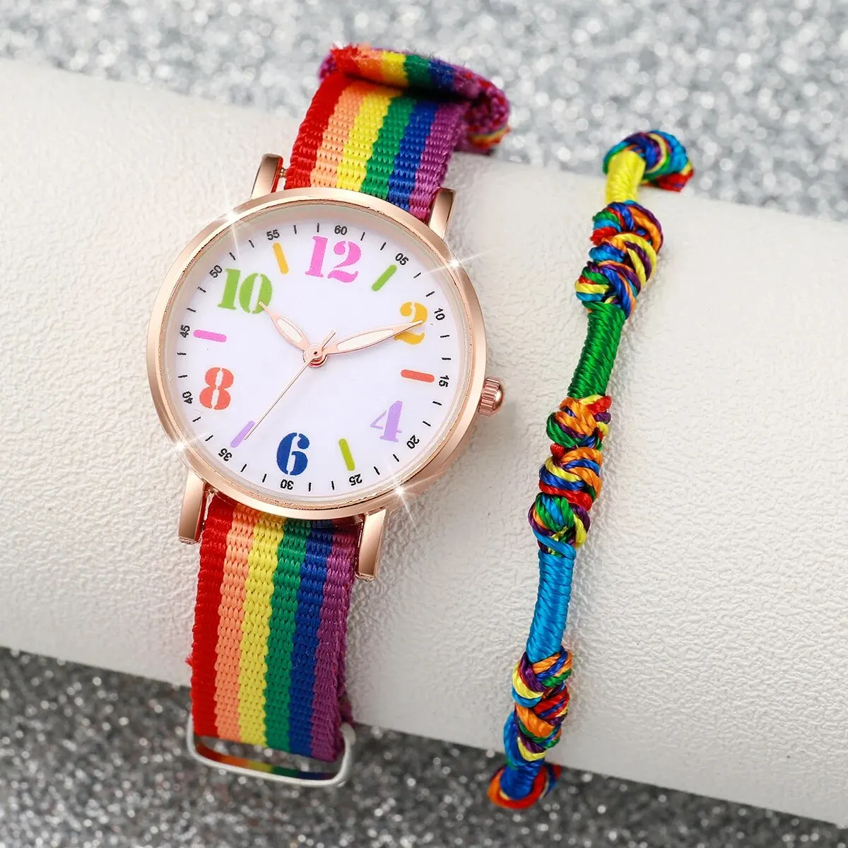 2pcs Set Fashion Rainbow Color Ultra-thin Canvas Strap Classic Men\'s Watches Colorful Bracelet Set