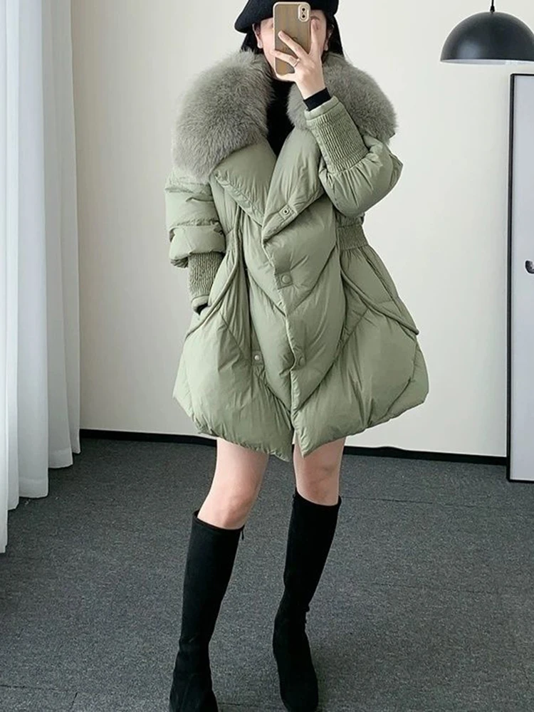 Winter 2024 New Big Fur Collar White Duck Down Puffer Jacket Medium Length Coat for Women Warm Thicken Loose Parka