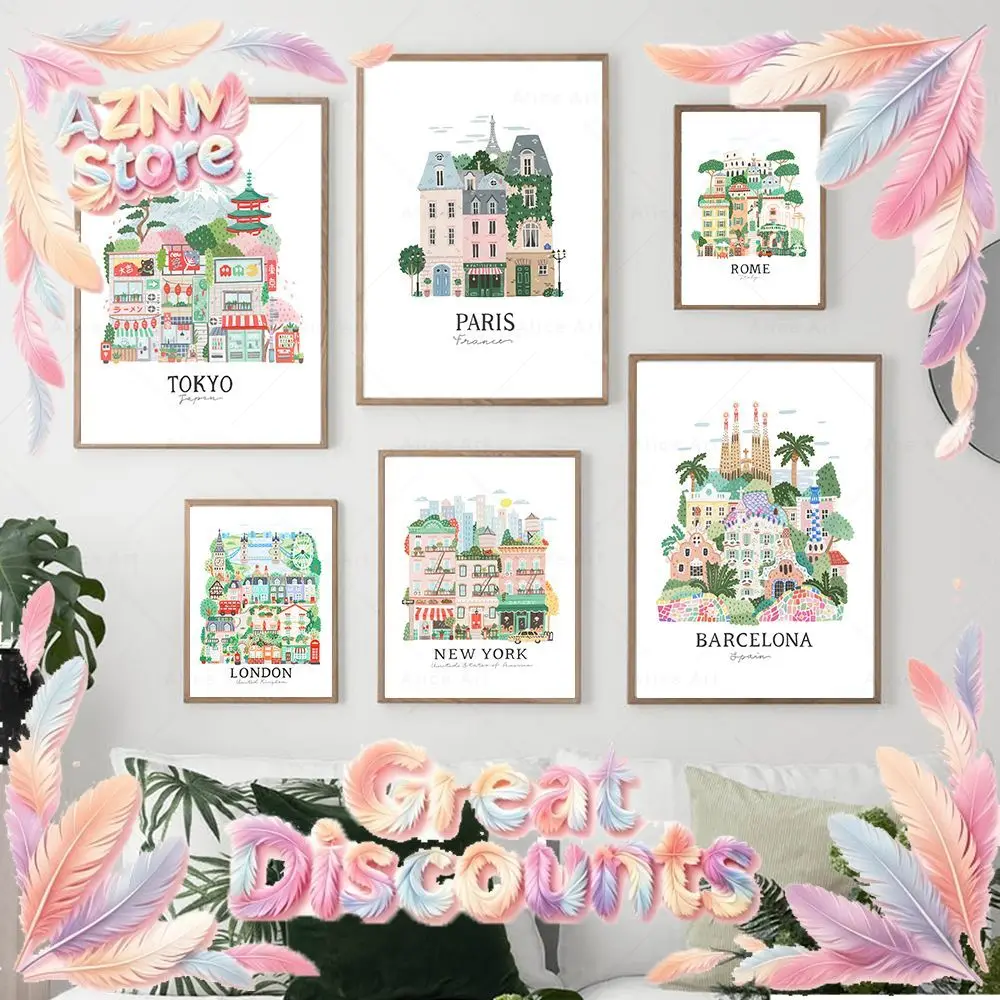 2026 Illustration Travel City Posters Tokyo Paris New York London Barcelona Wall Art Canvas Print Bookshop Pictures Living Room 